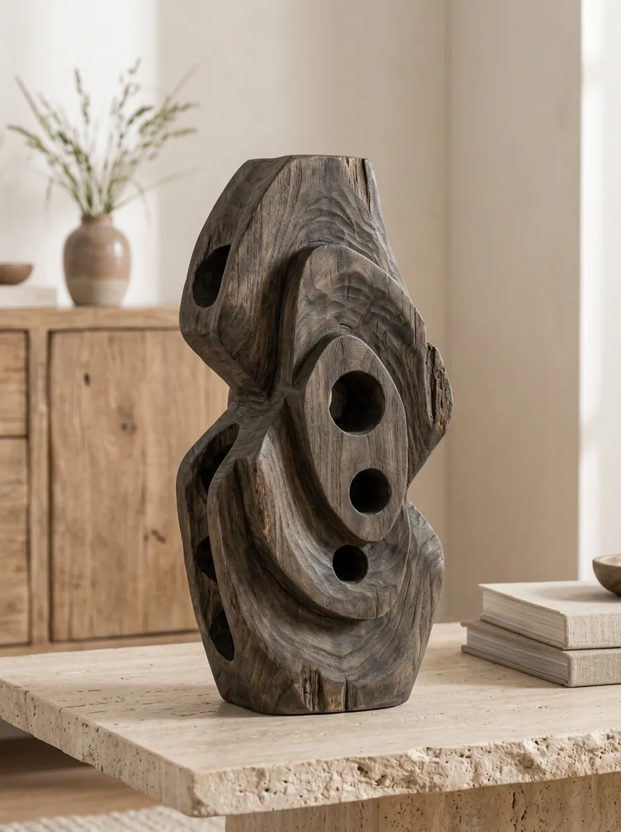 Modern Home Decor Abstract Carved Wood Sculpted Table Ornament
