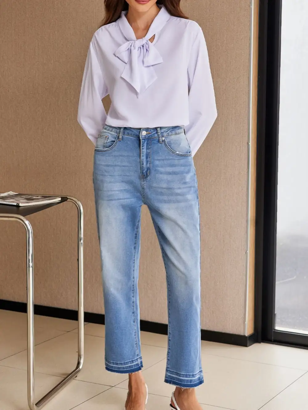 Whiskered Wash Raw Hem Cropped Jeans