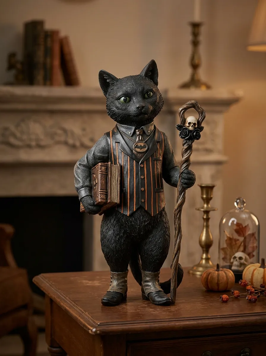 Halloween Gothic Wizard Cat Skull Staff Figurine