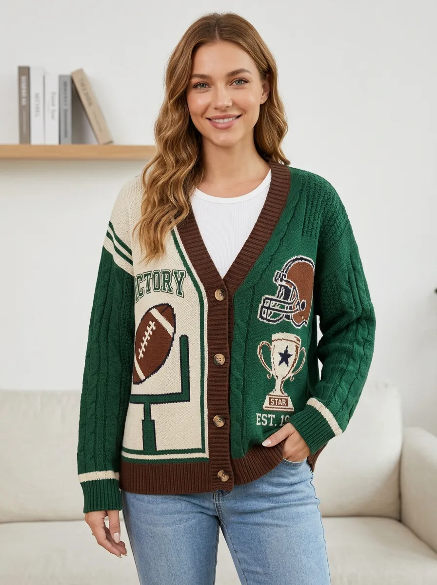 Women's Energetic Helmet Football Trophy Knitted Cardigan