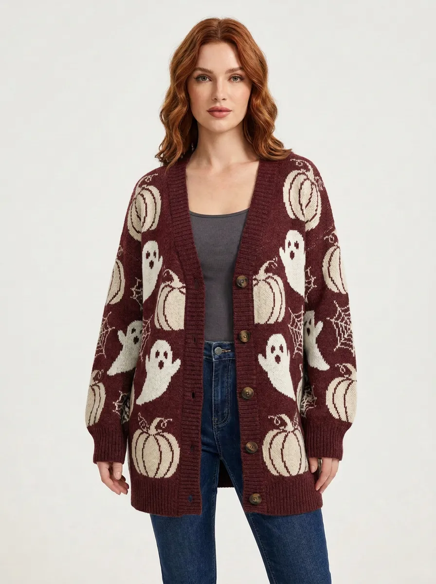 Women's Ghost Pumpkin Spiderweb Halloween Knit Cardigan