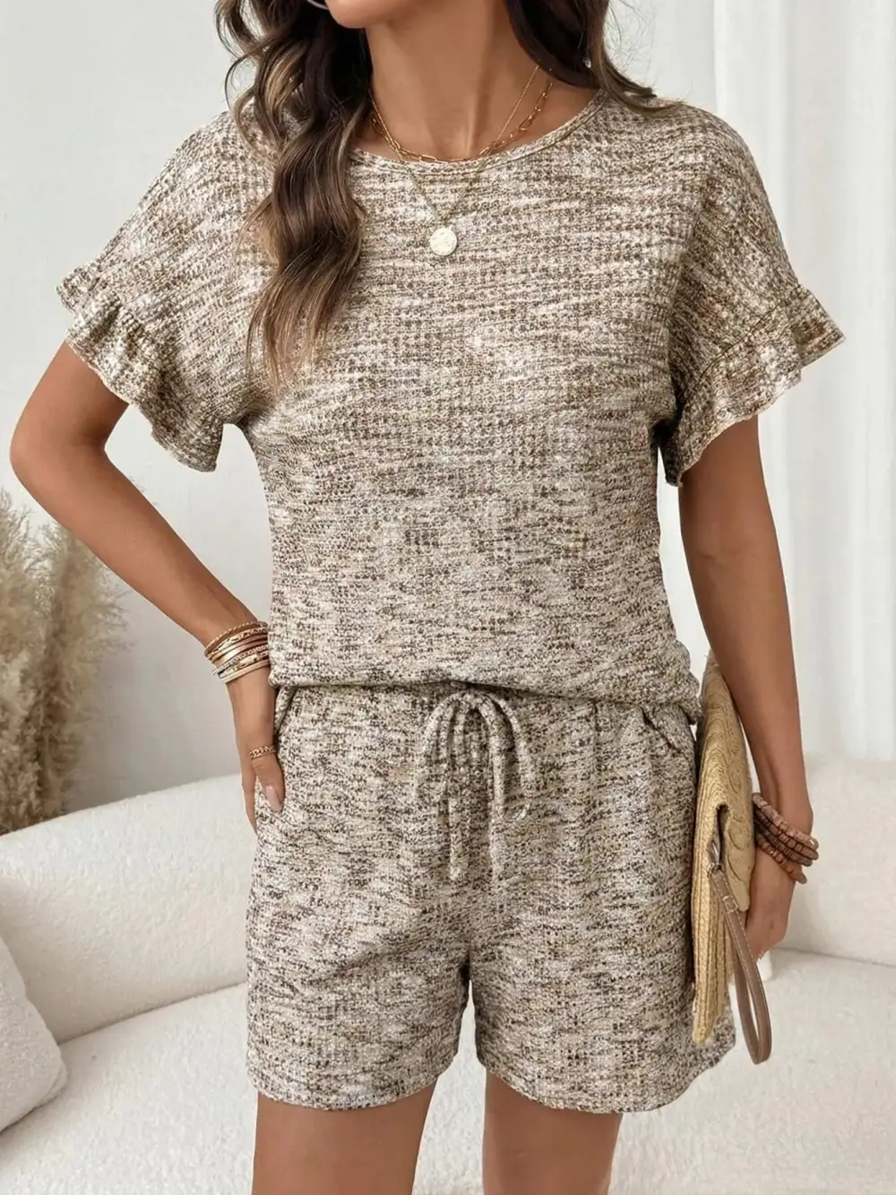 Ruffle Sleeve Textured Top Shorts Set