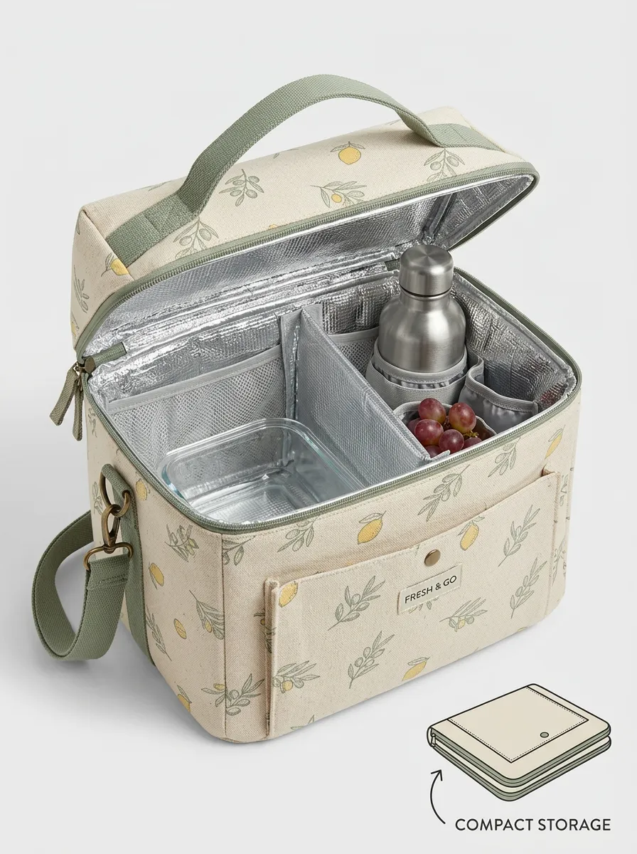 Lemon Olive Botanical Pattern Printed Insulated Lunch Bag