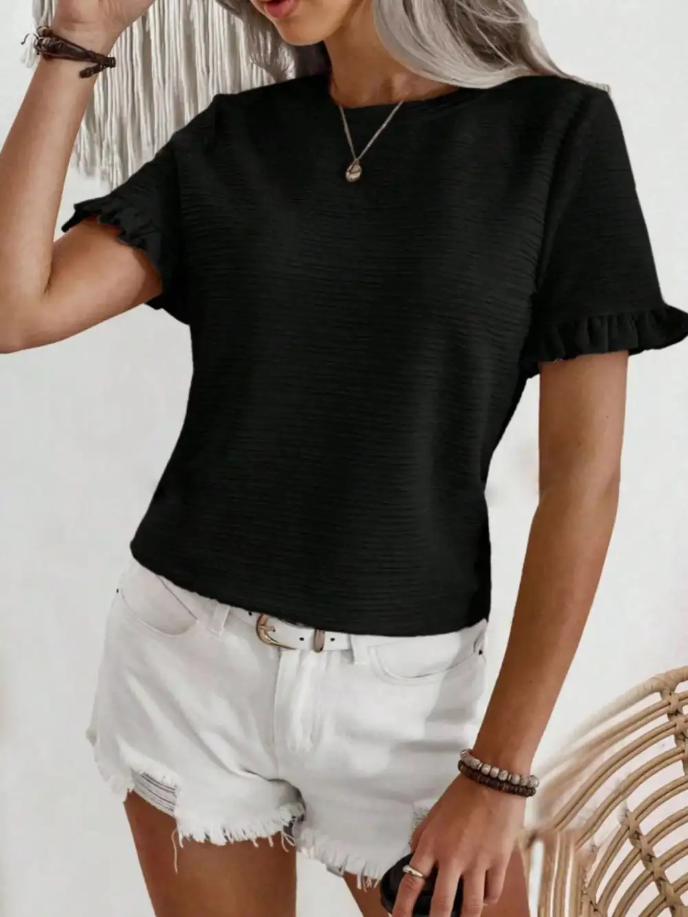 Textured Ruffle Sleeve Round Neck Blouse
