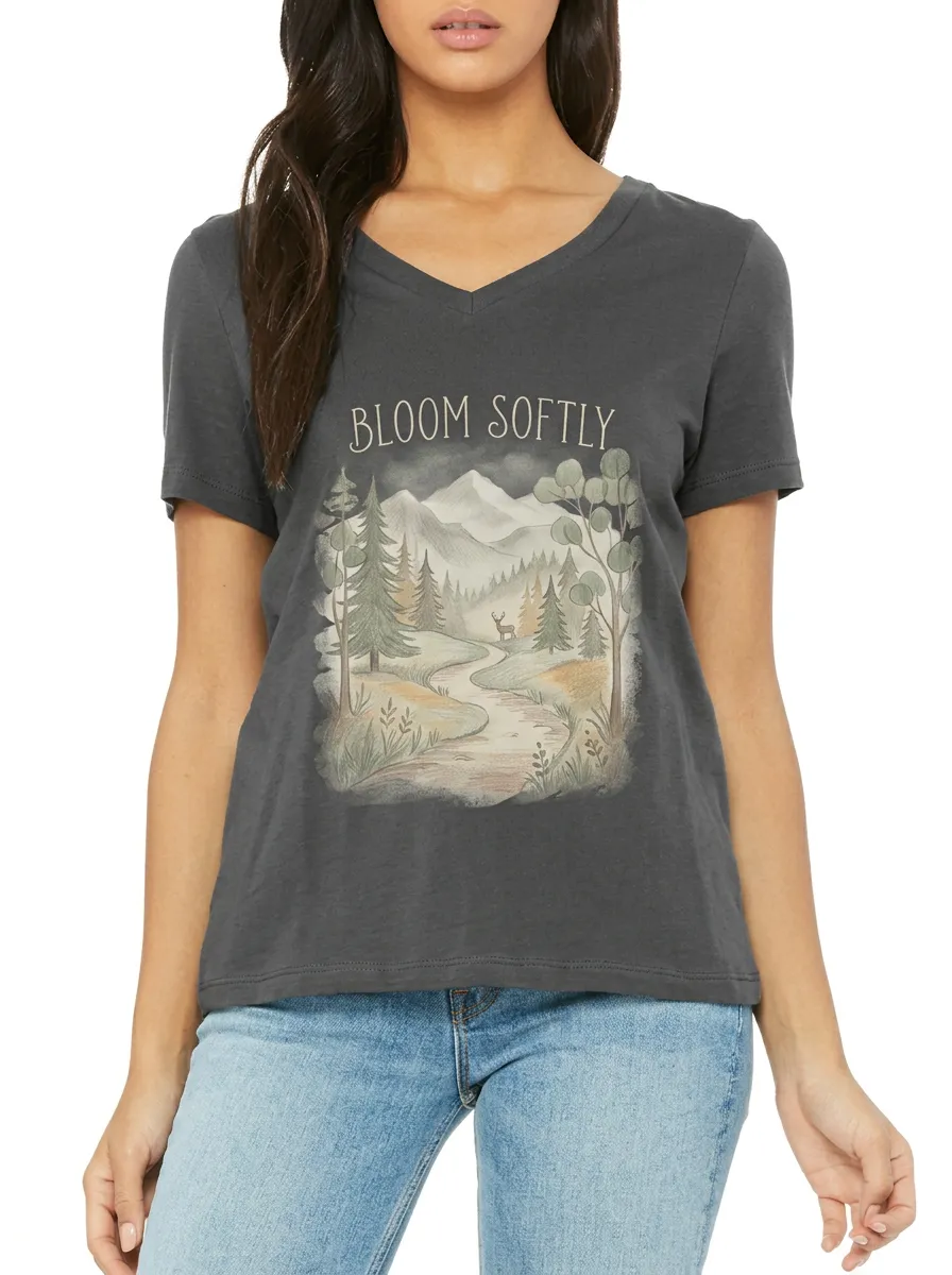 Women's Nature Lover Bloom Softly Mountain Deer Printed V-neck T-shirt