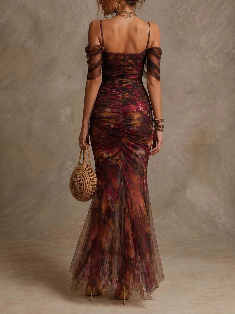 Vintage Floral Print Off-the-Shoulder Ruched Mesh Mermaid Maxi Dress