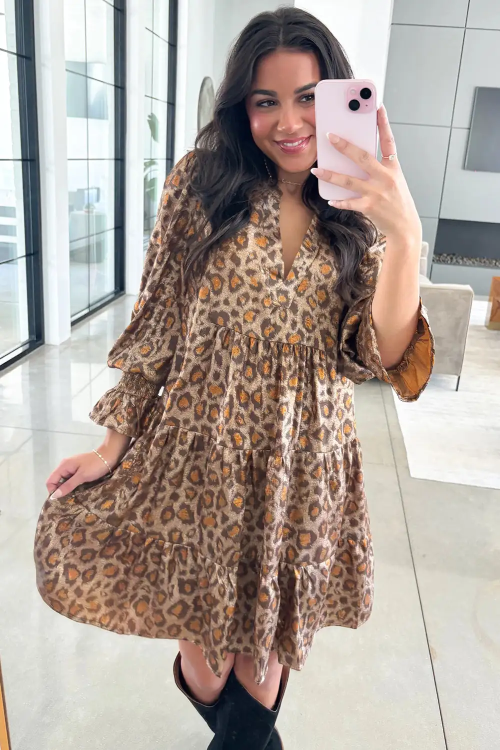 Animal Print V Neck Ruffle Mini Dress
