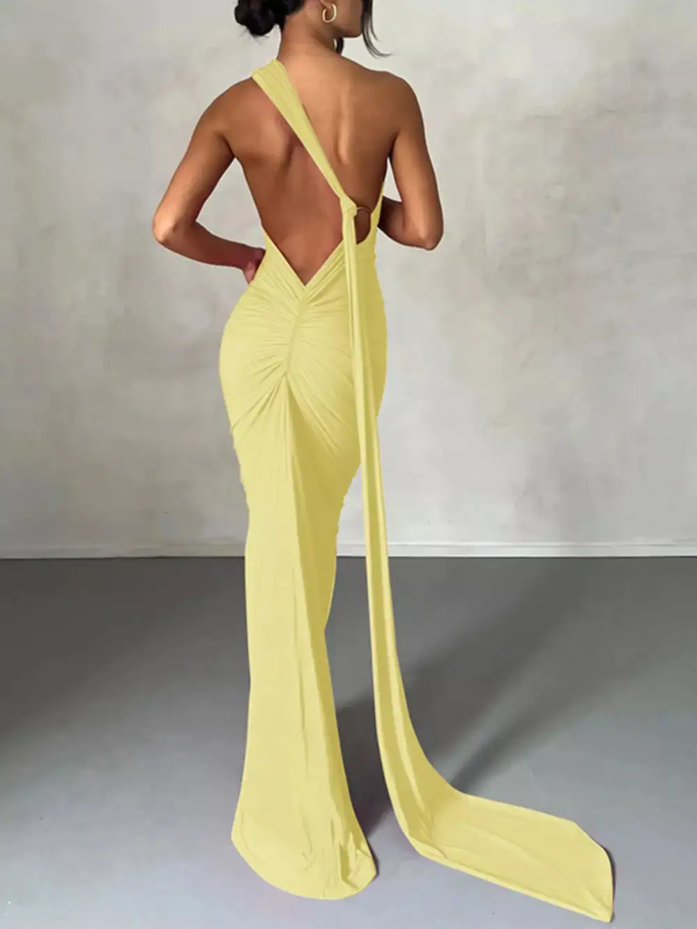 Backless One Shoulder Ruched Bodycon Maxi Dress