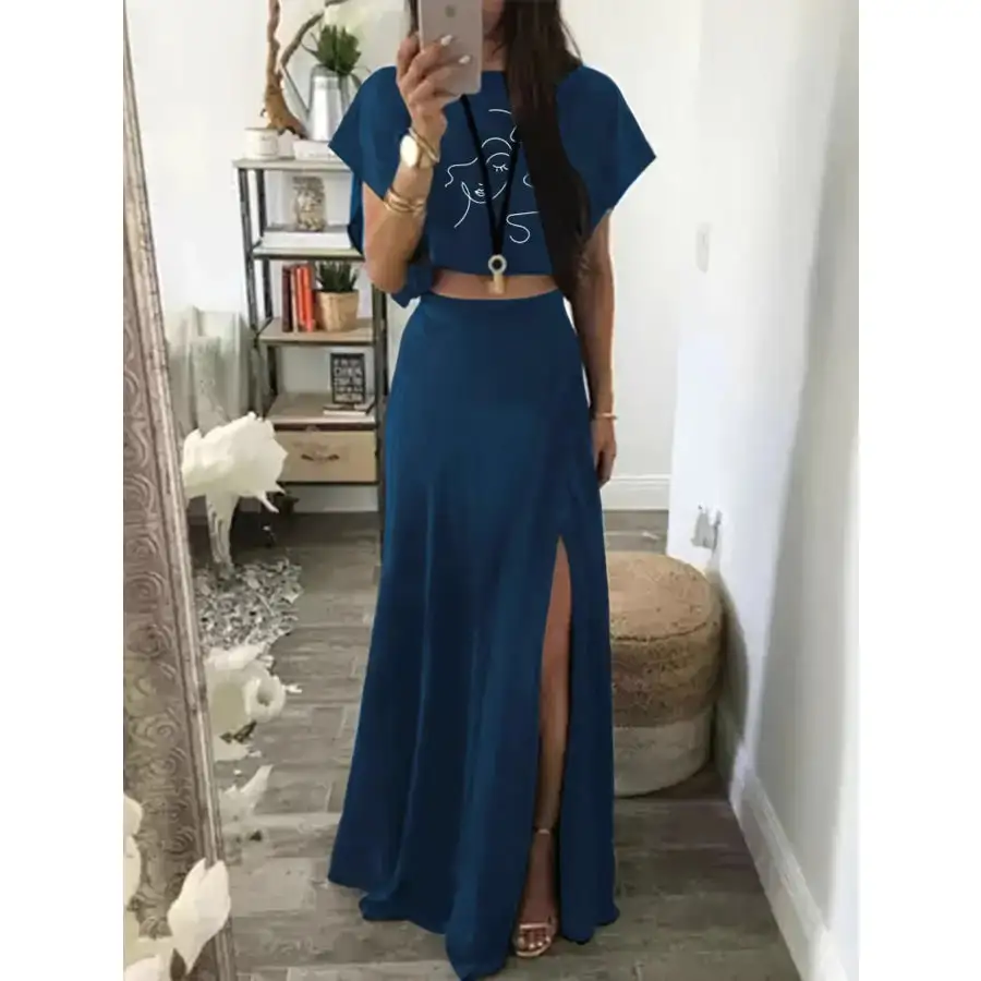 Flowing Round Neck Short Sleeve Top And Skirt Set