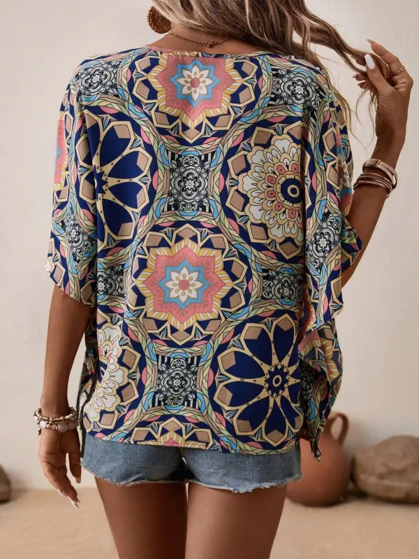 Boho V Neck Print Blouse