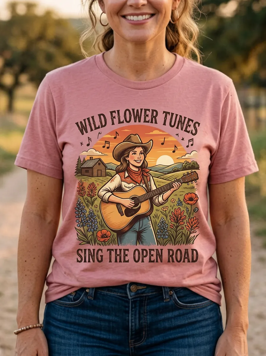 Country Music Cowgirl Guitar Crew Neck T-Shirt