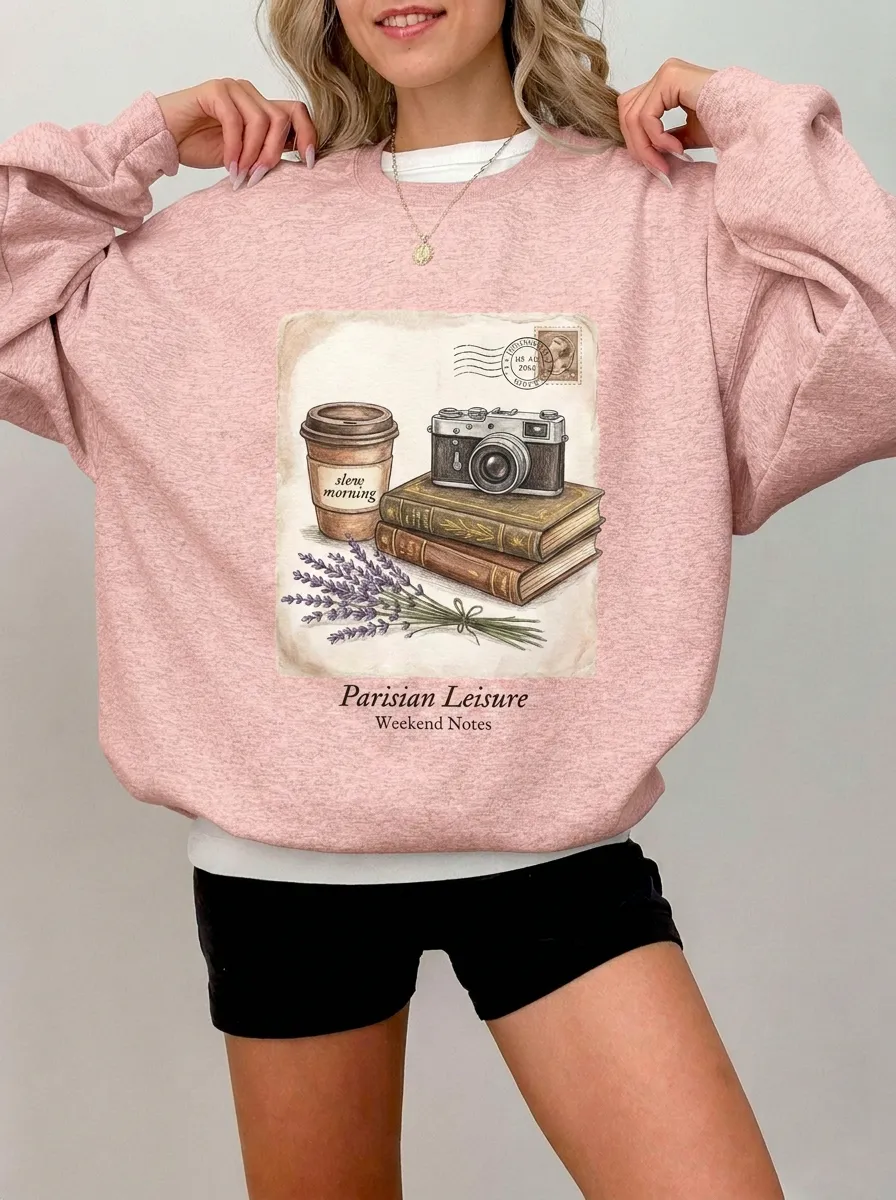 Women's Parisian Leisure Camera Coffee Books Printed Sweatshirt