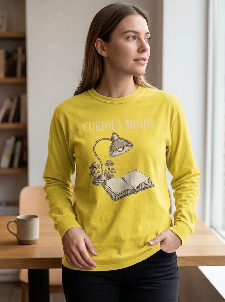 Women's Book Lover Curious Minds Mushroom Lamp Printed Long Sleeve Shirt