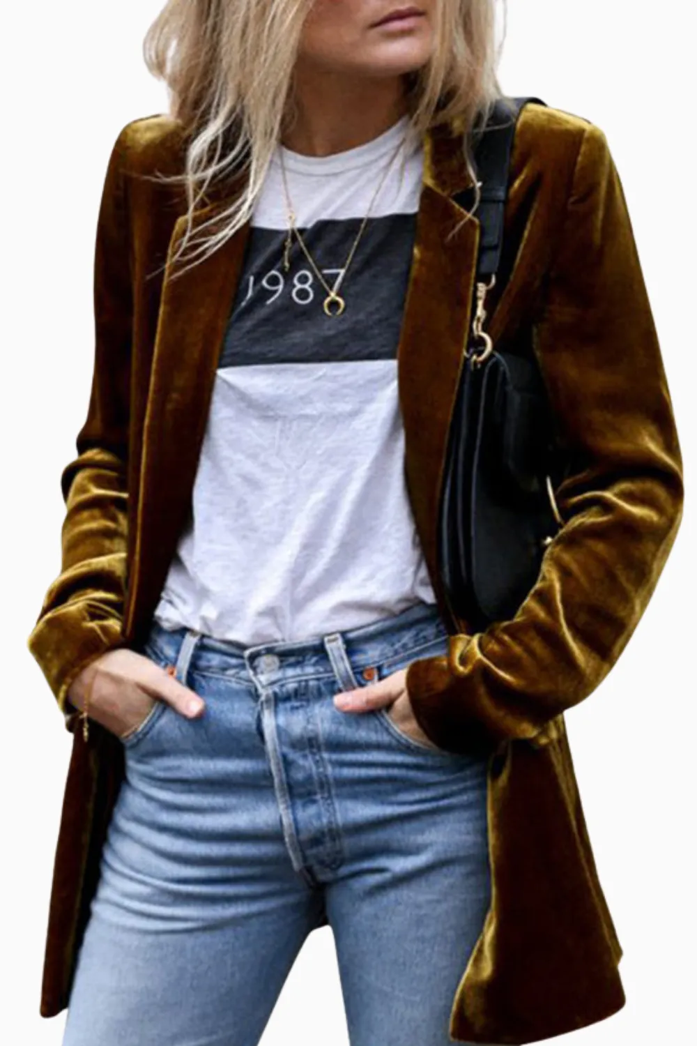 Lapel-Collar Velvet Polyester Tailored Blazer