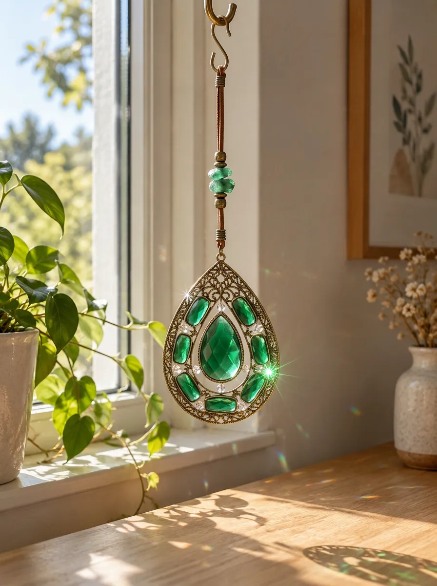 Boho Green Crystal Teardrop Filigree Suncatcher