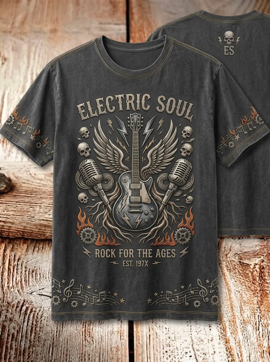 Men's Rock Music Lover Electric Guitar Skull Printed T-shirt