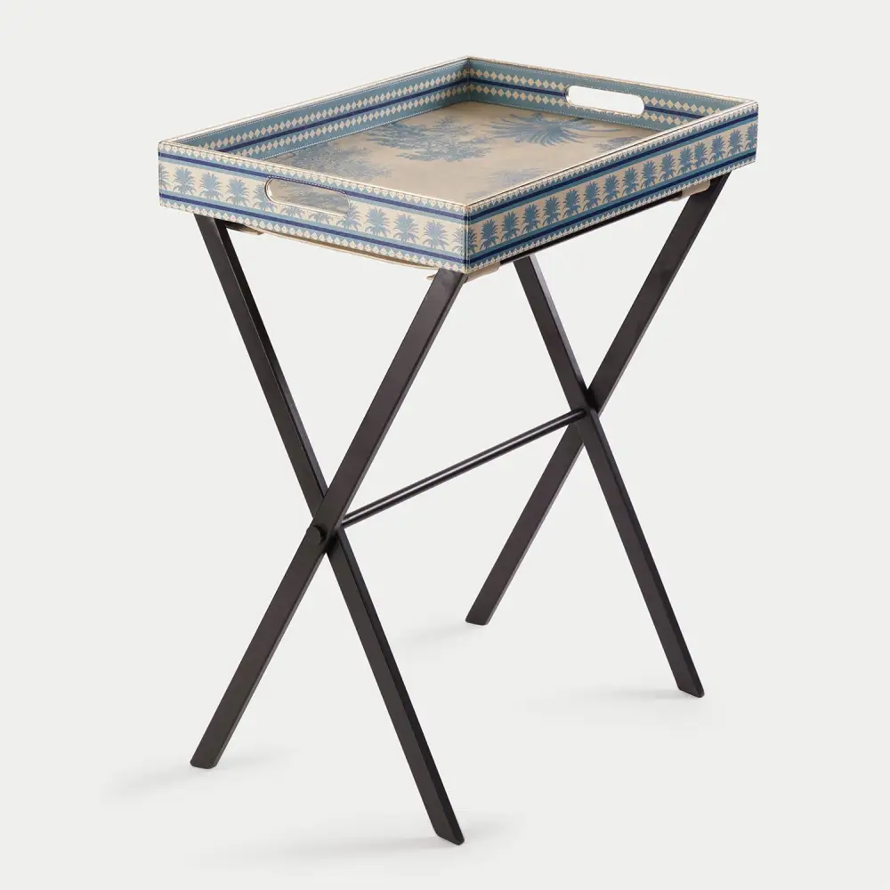 Blue Handled Faux Leather Serving Tray