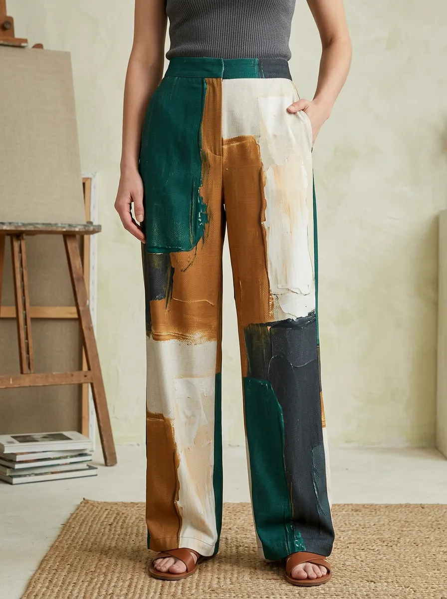 Women's Abstract Art Lover Oil Painting Printed Wide Leg Pants