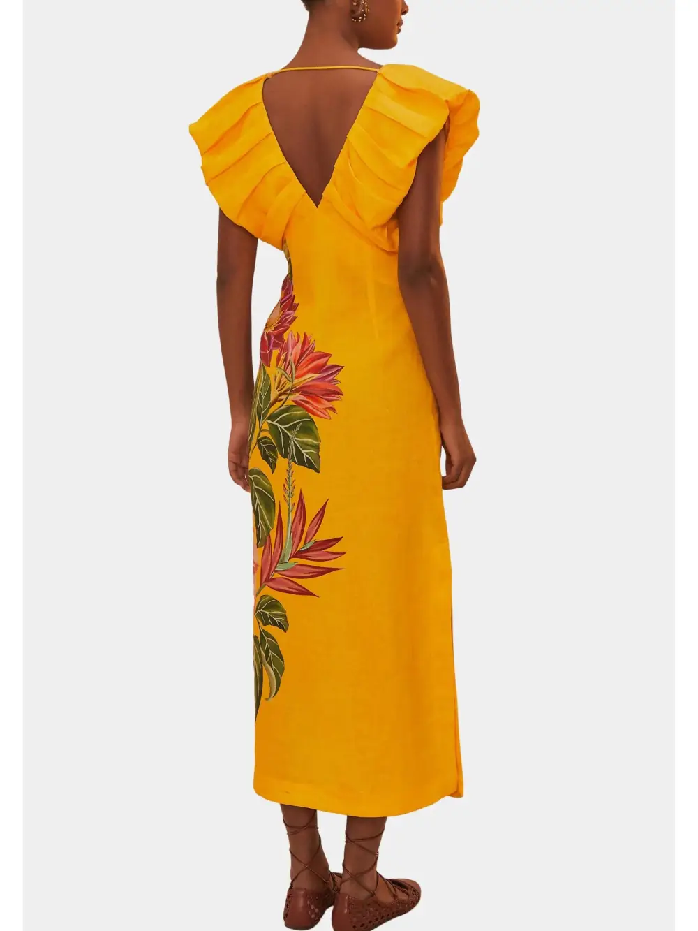 V Neck Pleated Print Midi Dress