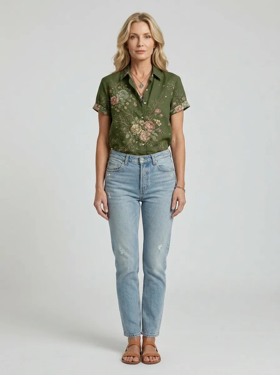 Women's Vintage Floral Botanical Printed Short Sleeve Shirt