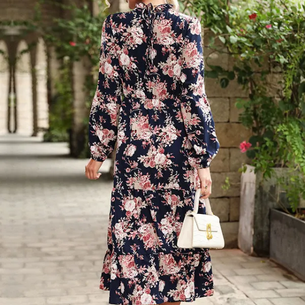 Women's V-Neck Long-Sleeve Lace Floral Maxi Dress