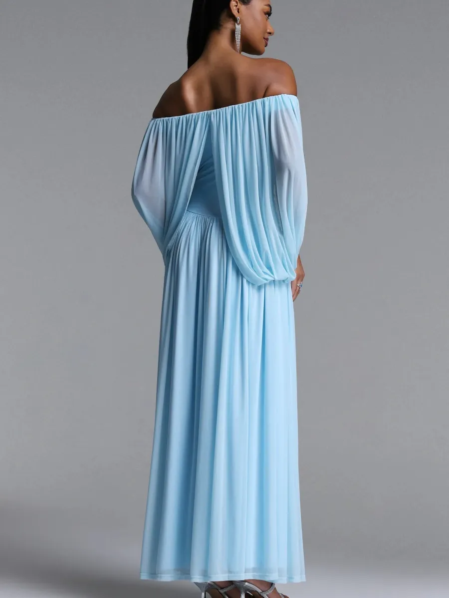 Chloe Off-the-Shoulder Ruched Chiffon Maxi Dress In Blue
