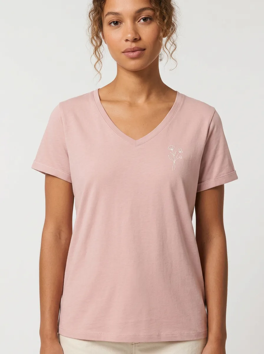 Women's Minimalist Floral Line Art Printed V-neck T-shirt