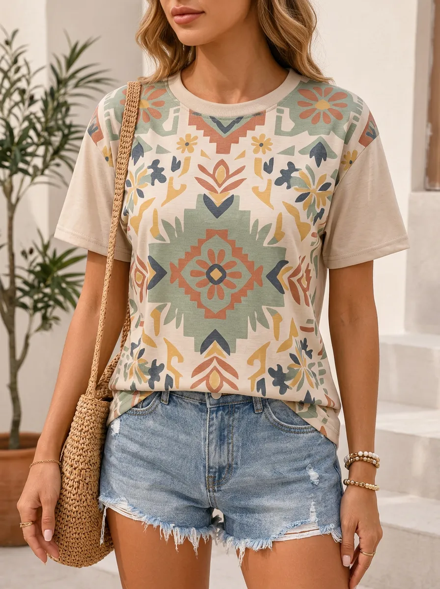 Women's Boho Geometric Floral Graphic T-Shirt