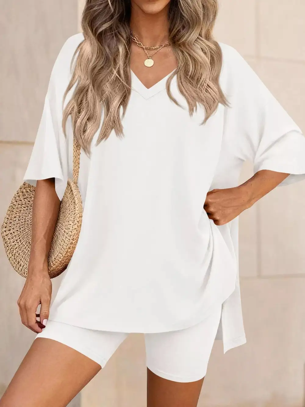 Casual Loose V Neck T Shirt Shorts Sets