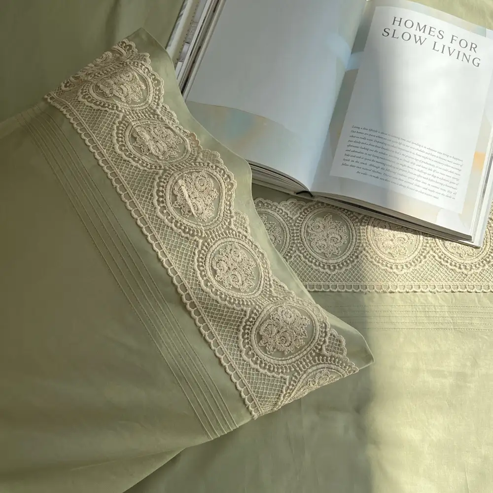 Forest Green Cotton Embroidered Lace Bed Sheet Set
