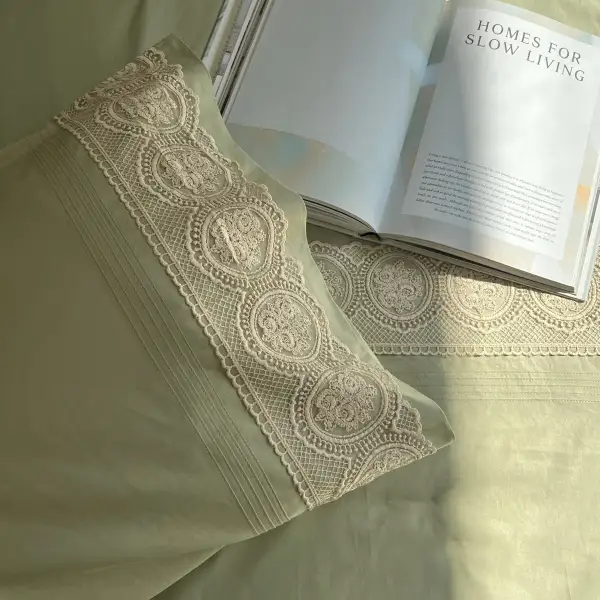 Forest Green Cotton Embroidered Lace Bed Sheet Set