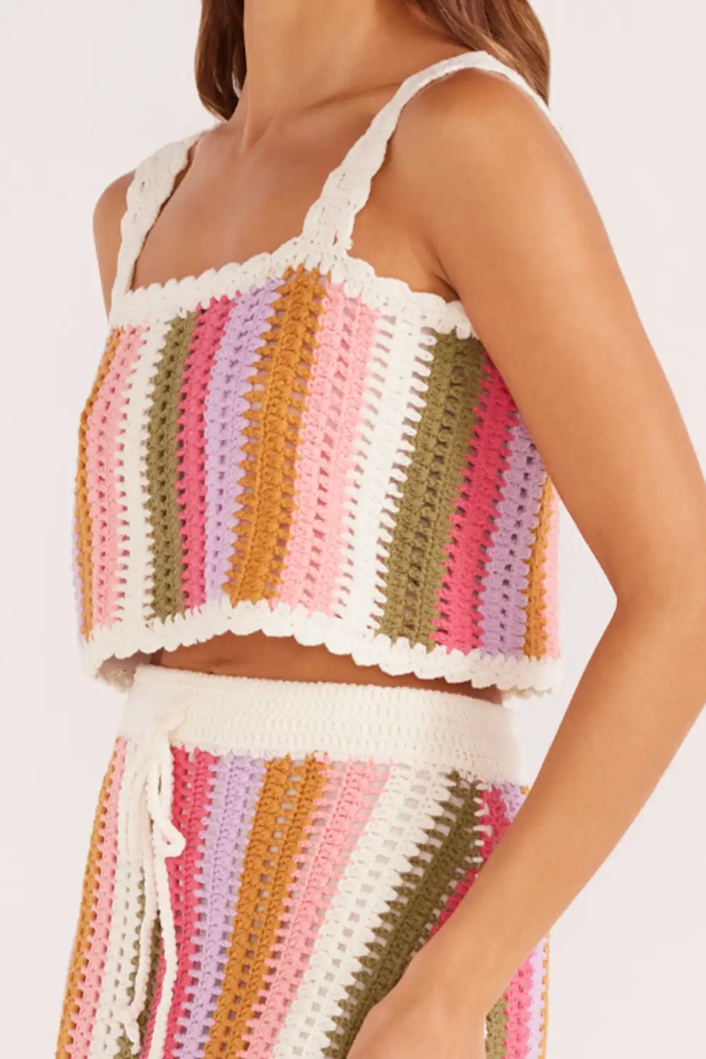 Striped Crochet Scalloped Cropped Tank Top