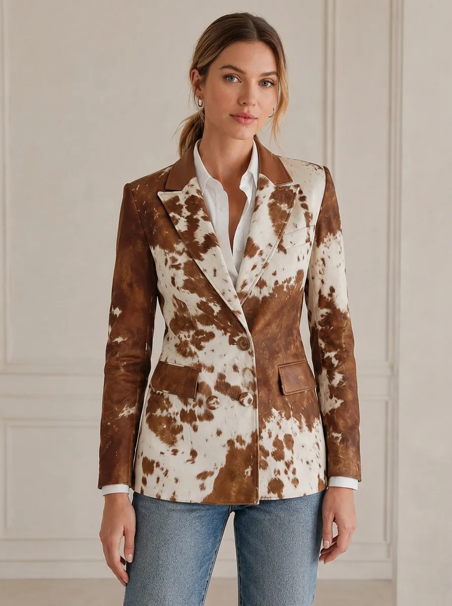 Women's Western Fashion Cowhide Pattern Printed Blazer Jacket