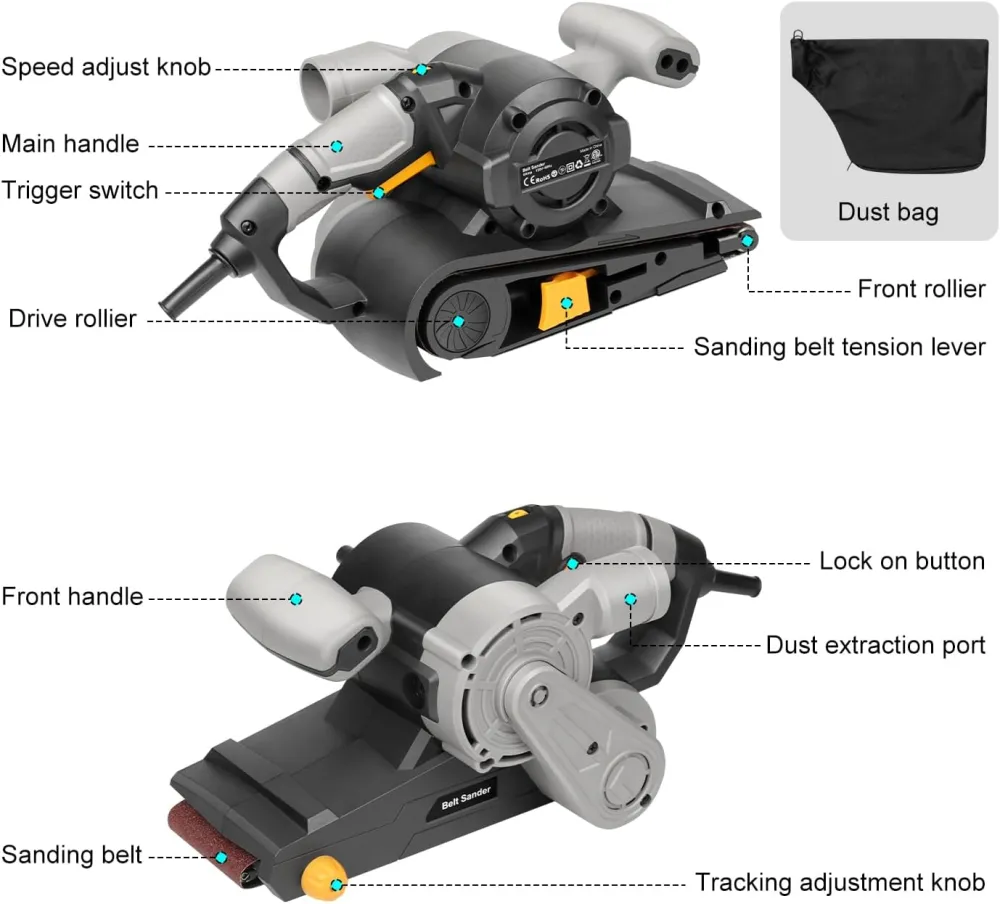 3×21-Inch Belt Sander,8 Amp Variable-speed 170-380RPM 12 Pcs Belts