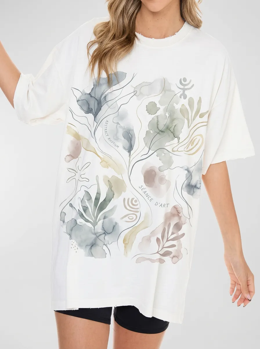 Women's Abstract Art Botanical Watercolor Printed T-shirt