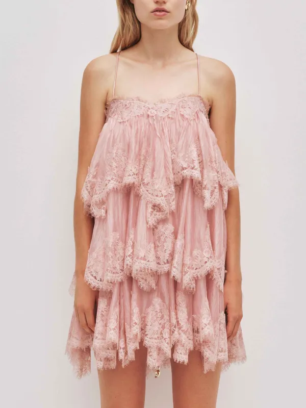 Layered Lace Trim Spaghetti Strap Mini Dress