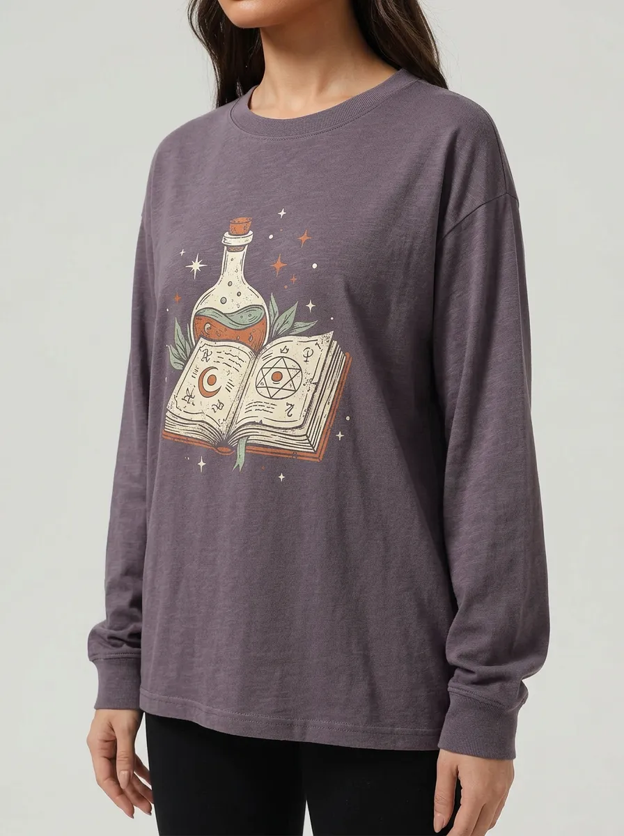 Women's Halloween Witchcraft Magic Spellbook Potion Printed Long Sleeve T-shirt