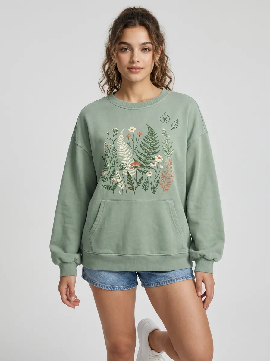 Women's Nature Lover Wildflower Fern Printed Sweatshirt