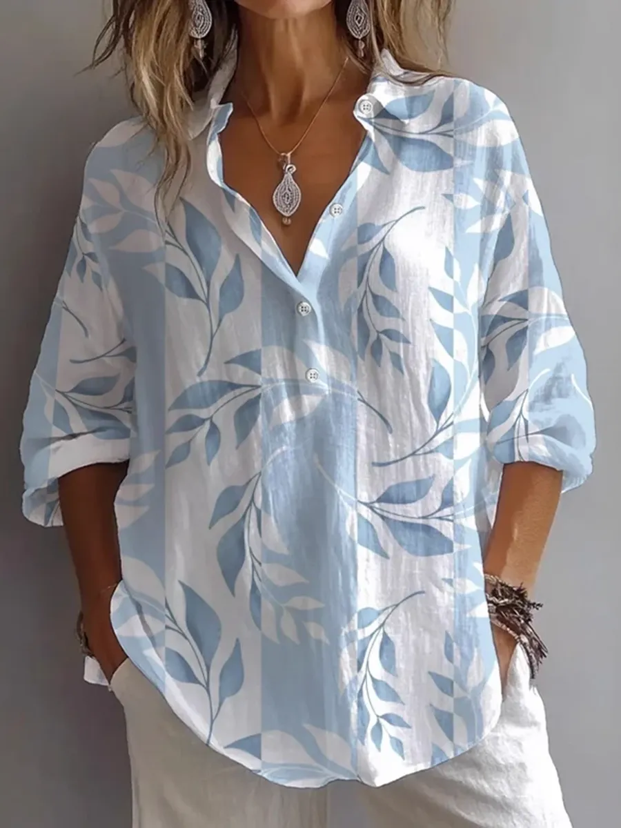 Women's Casual Vacation V-neck Plant Print Long Sleeve Shirt
