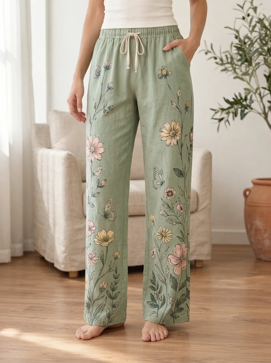 Women's Relaxed Floral Butterfly Nature Lover Printed Pants