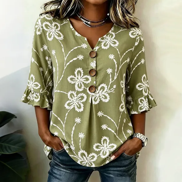 Women's Casual V-Neck Printed Cotton-Linen Top