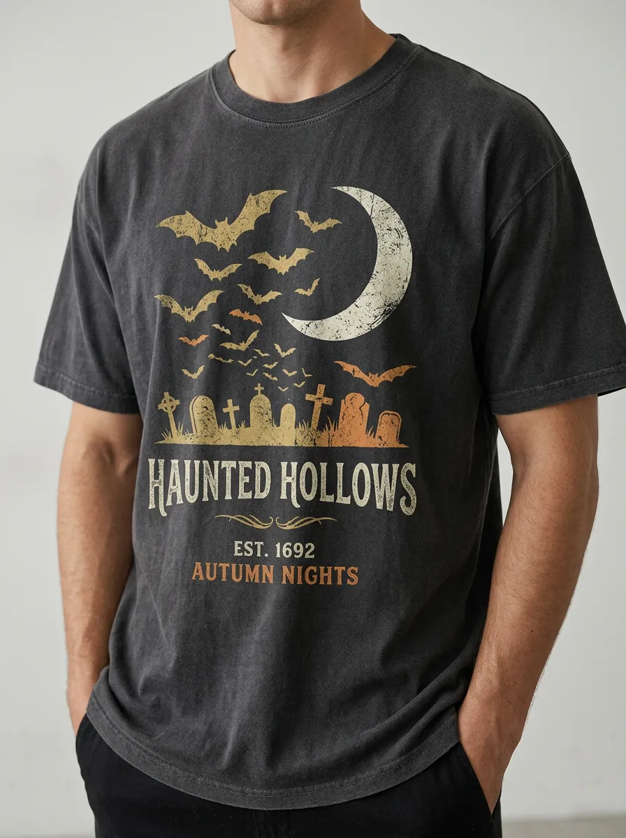 Men's Halloween Haunted Hollows Bats Graveyard Moon Printed T-shirt