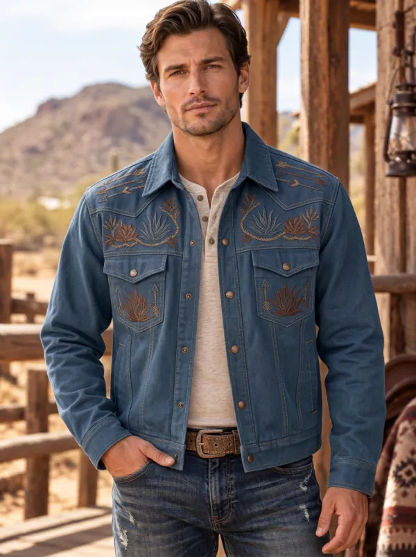 Desert Range Cactus Embroidered Frontier Look Men's Western Jacket