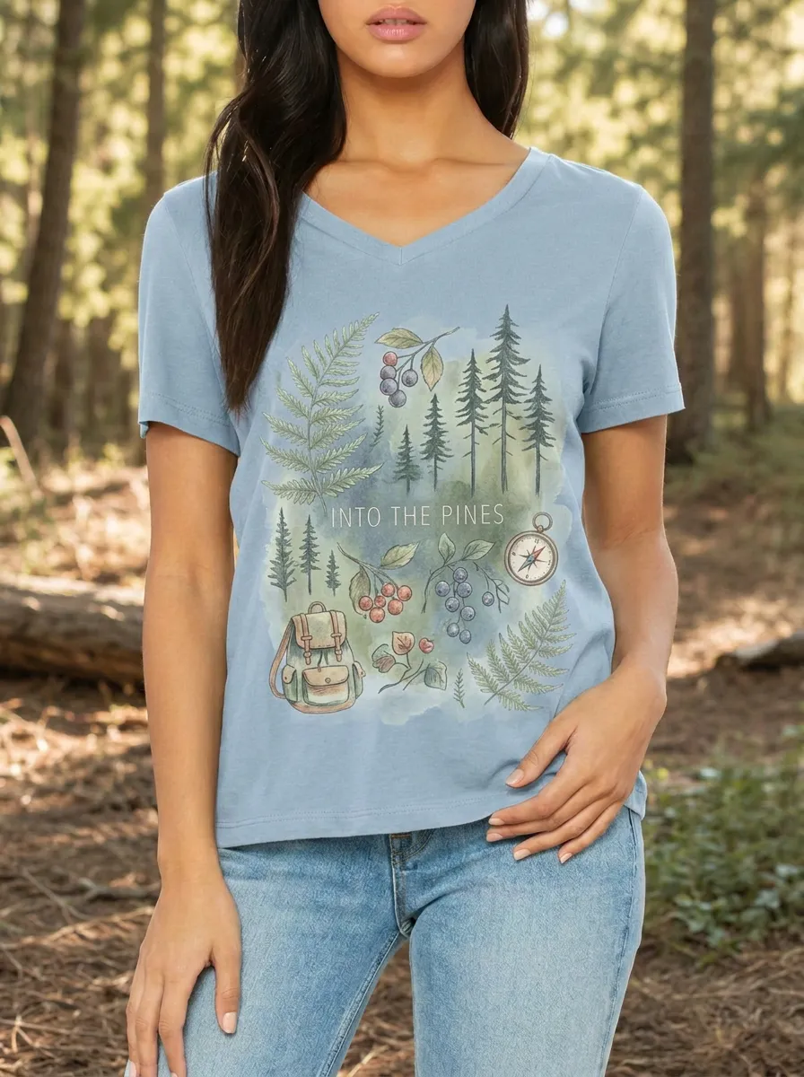 Women's Nature Hiking Into The Pines Fern Compass Printed V-neck T-shirt
