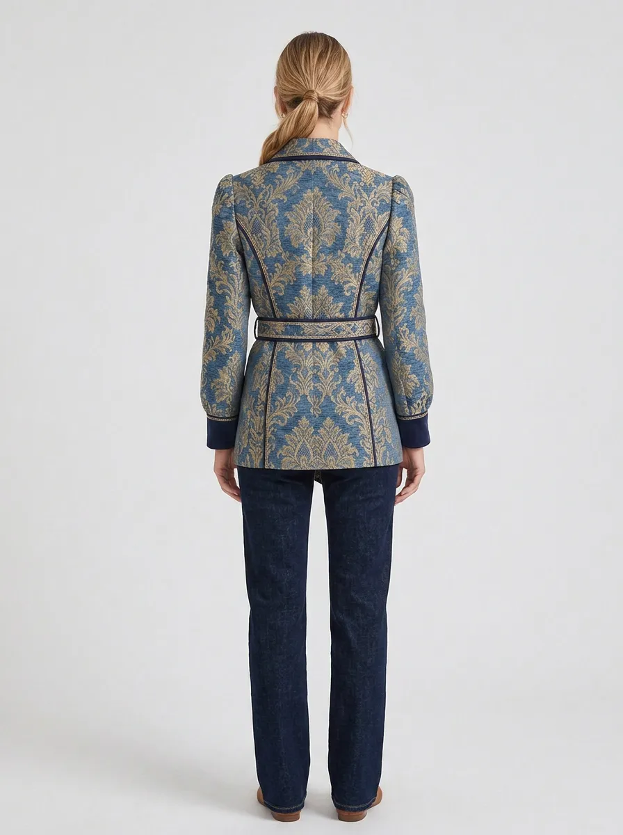 Women's Vintage Baroque Floral Printed Belted Blazer Jacket