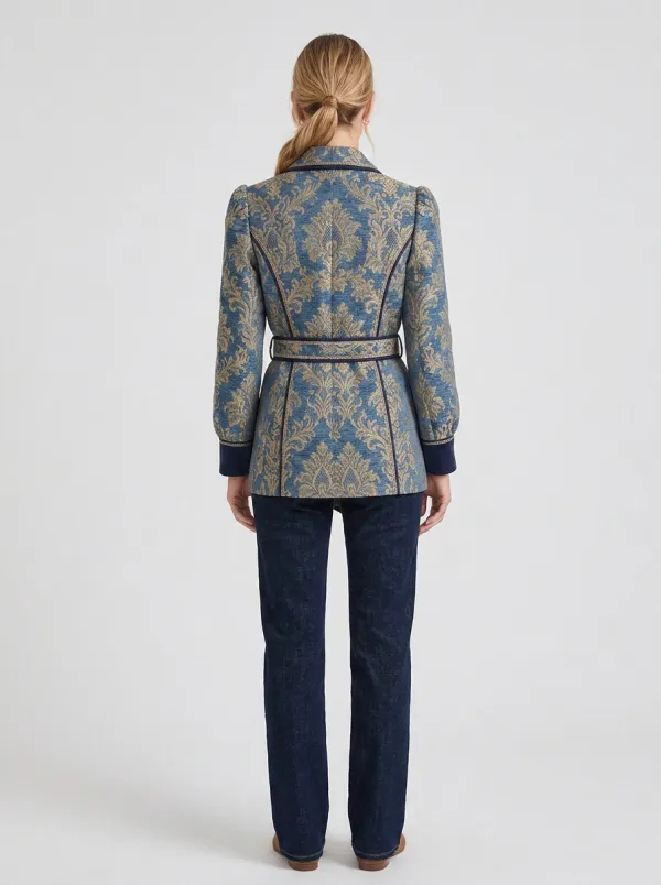 Women's Vintage Baroque Floral Printed Belted Blazer Jacket