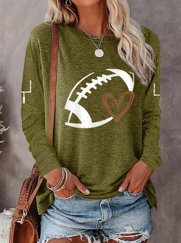 Women's Touchdown Inspired Gridiron Heart Ball Love Crewneck Long Sleeve T-Shirt
