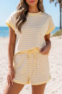 Drawstring Elastic-Waist Pocketed Striped Two-Piece Tee and Shorts Set
