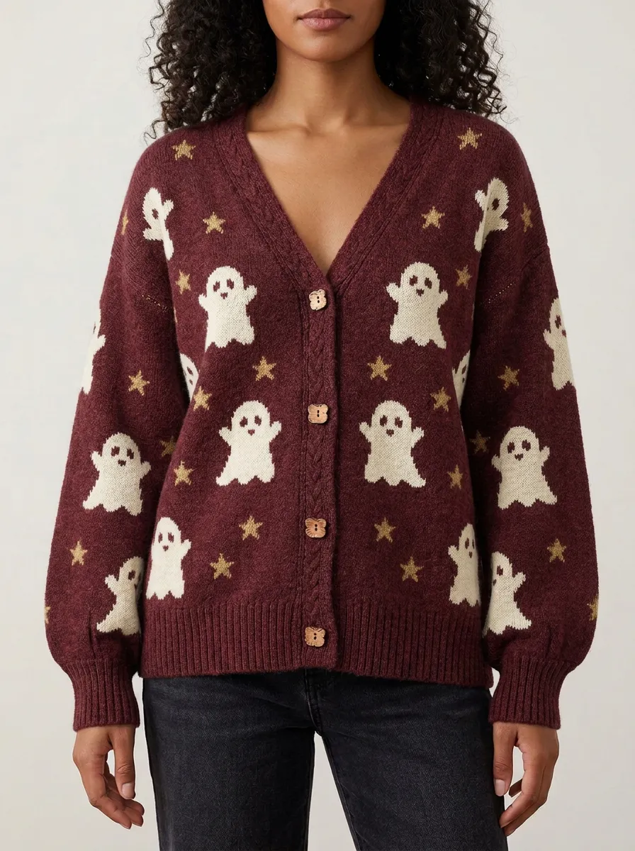 Women's Halloween Ghost Star Pattern Knitted Cardigan