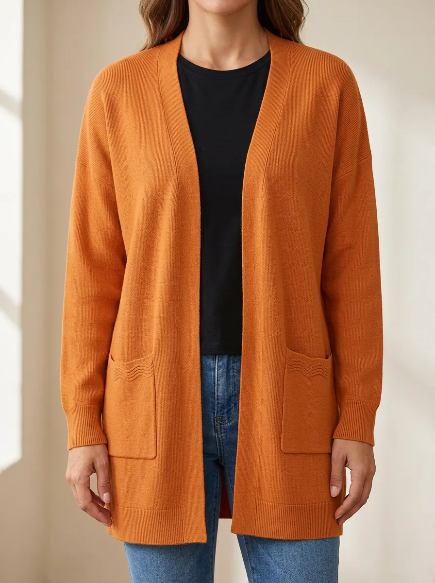 Wavy-Pocket Knit Cardigan